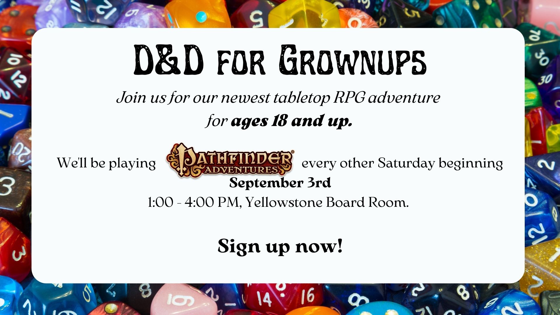 Poster for D&D for Grownups featuring a border of dice. 
