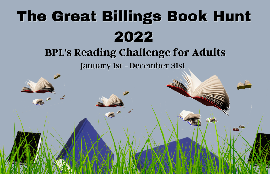 Poster image for The Great Billings Book Hunt 2022 showing books flying through the air. 