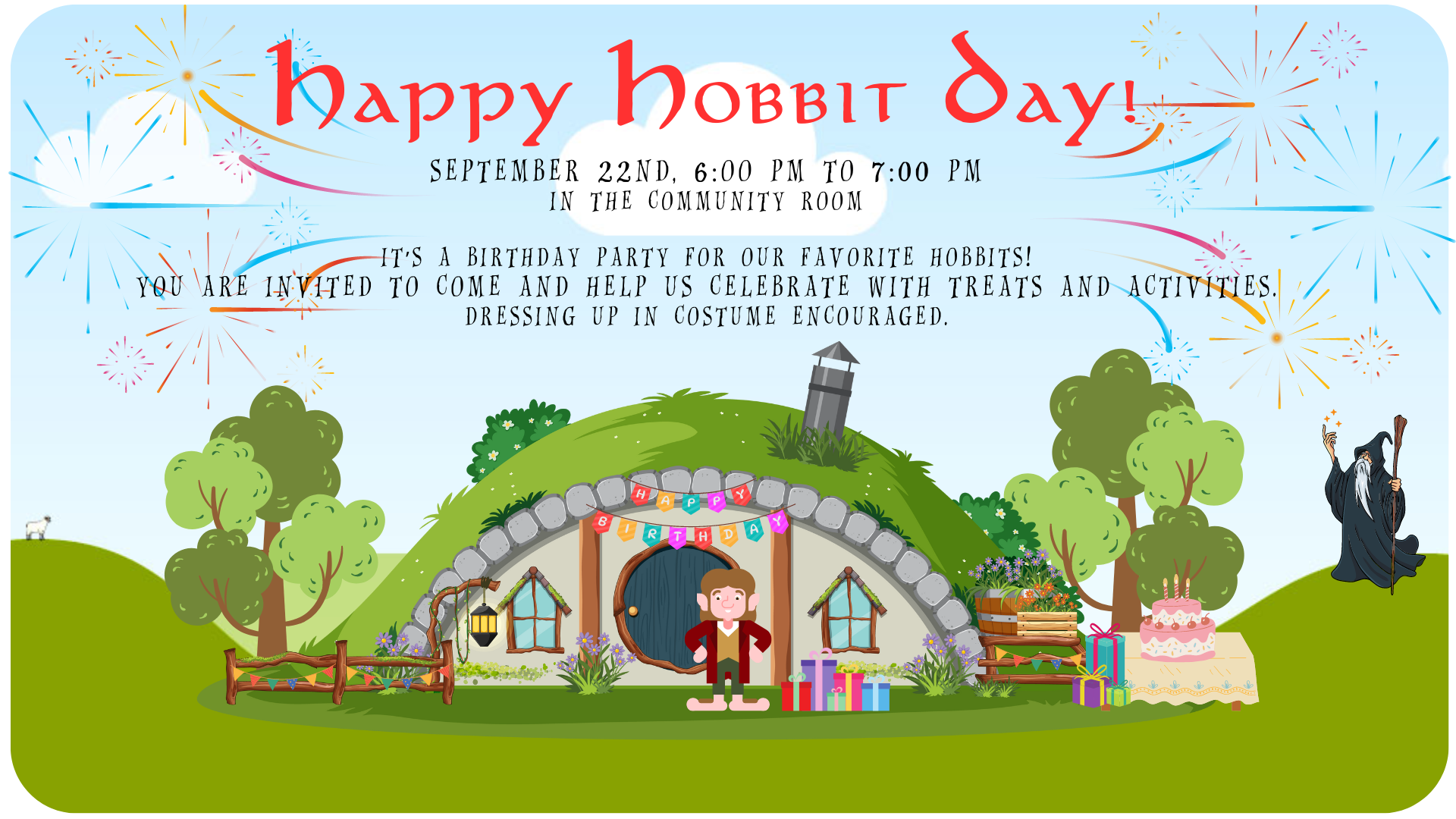A flyer for a hobit birthday party celebration at the Billings Public Library on September 22nd at 6:00pm