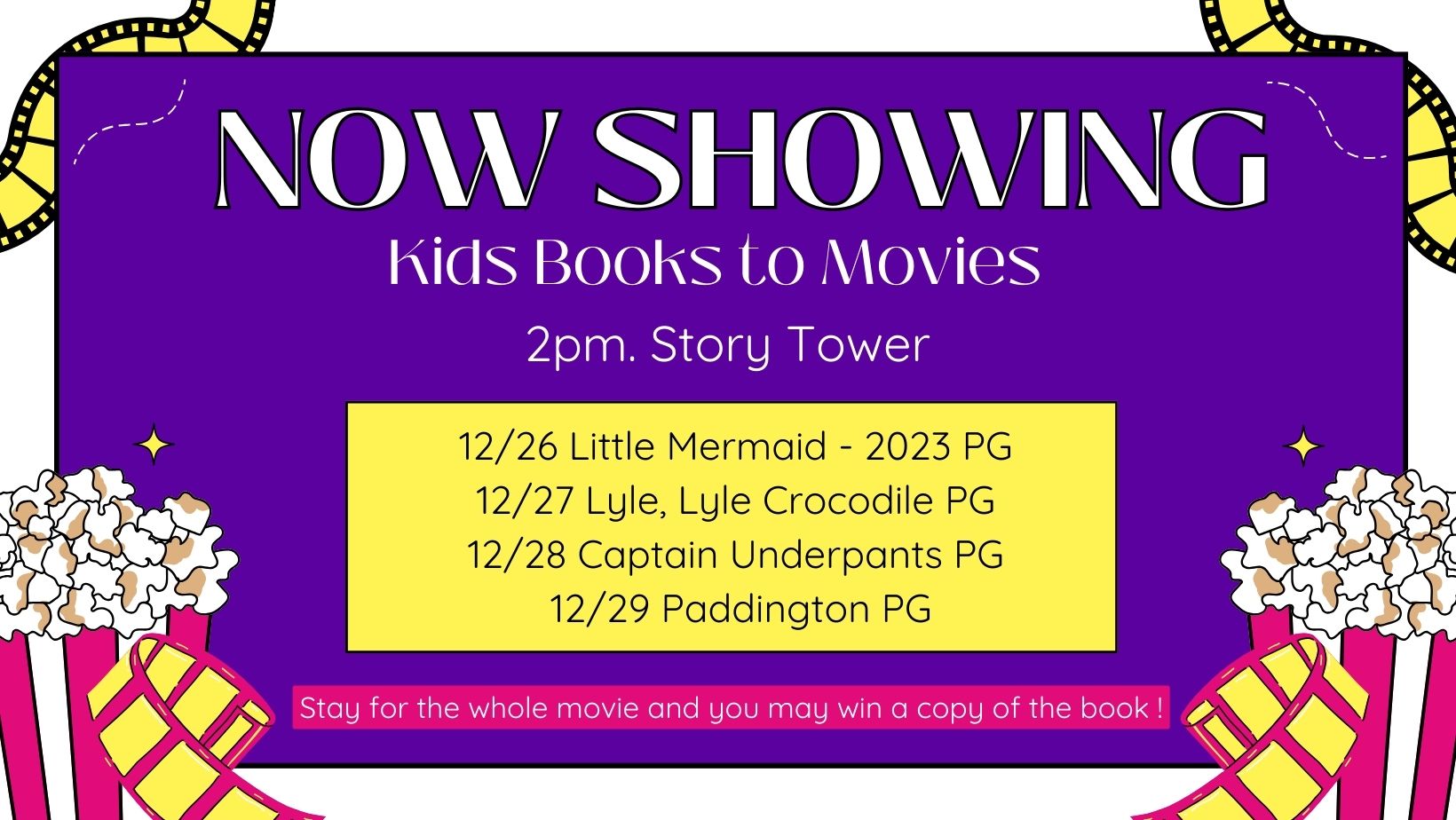 movie screen advertising the kids books to movies program