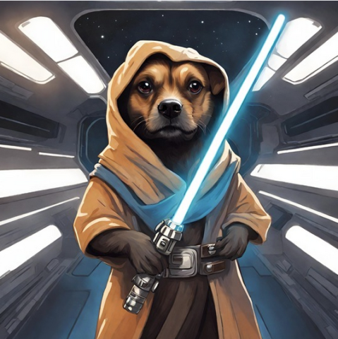 Jedi dog holding blue lightsaber