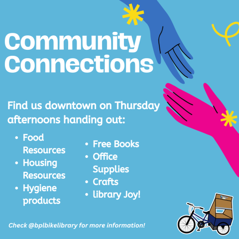 a poster for the community connection program with the Billings Public Library Bike Library 