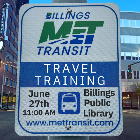 A poster displaying a city bus travel training event taking place at the library on June 27th at 11:00am