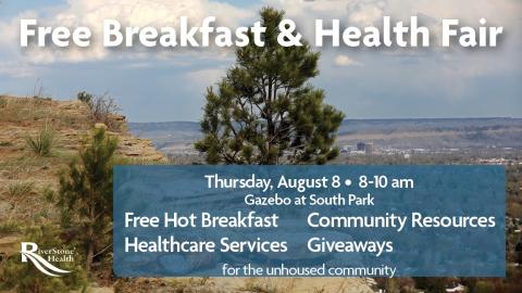 A flyer showing the free breakfast and health fair being held at South Park on Thursday, August 8, from 8-10 a.m.