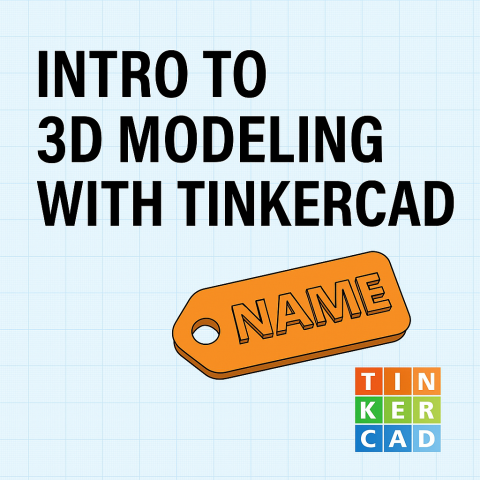 An AI generated image that reads "Intro to 3D modeling with Tinkercad" on the image is a cartooned style nametag key chain and the tinkercad logo