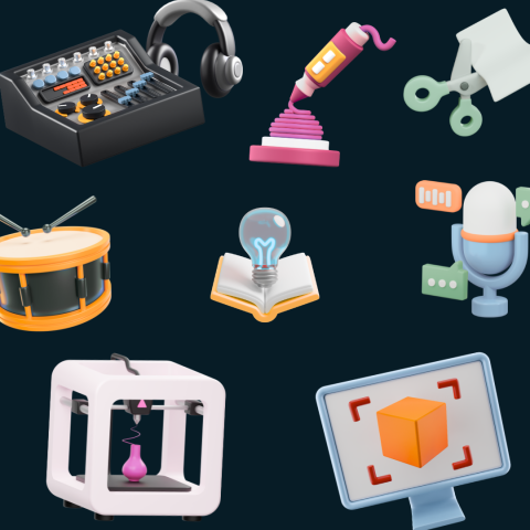 An image of cartoon makerspace objects like a 3d printer, podcast kit, drum, and microphone