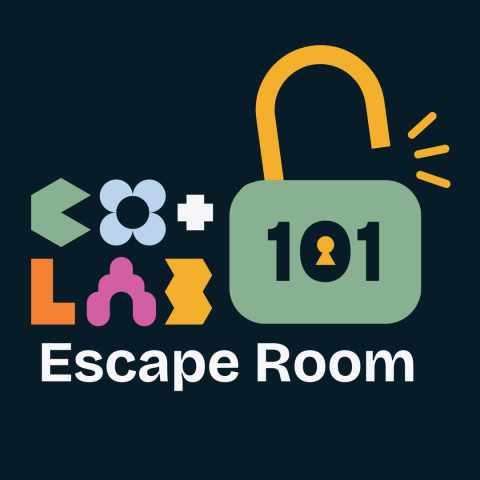 A graphic that reads "CO+LAB 101 Escape Room". The 101 is enclosed within a box that has been made to look like an unlocked padlock. 