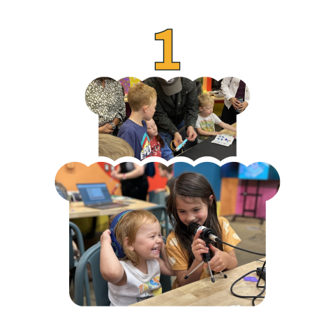 the image is an outline of a two-tier birthday cake. within the cake are two pictures of children using CO+LAB equipment 