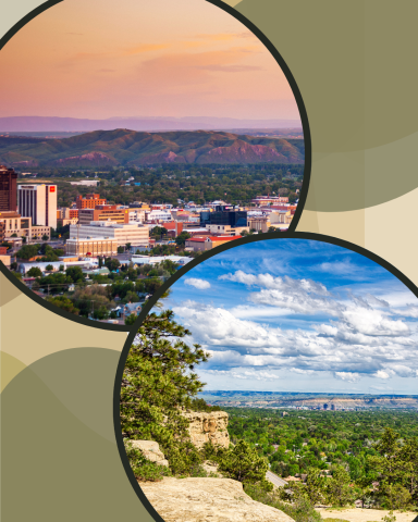 a graphic with circular designs in the background. In the foreground are two circular picture frames both showing outdoor spaces in Billings Montana