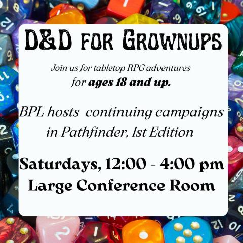 D&D for Grownups.  A border of dice surrounds the program description.