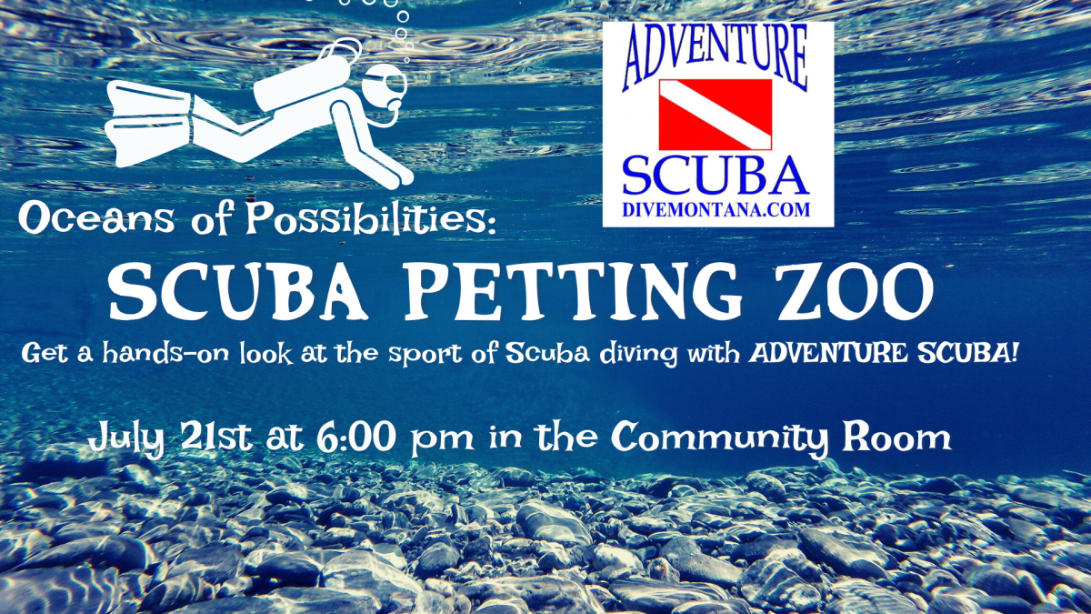 An image for the Adult Summer Reading program, Scuba Petting Zoo, on July 21, 2022, at 6:00 pm in the Community Room. 