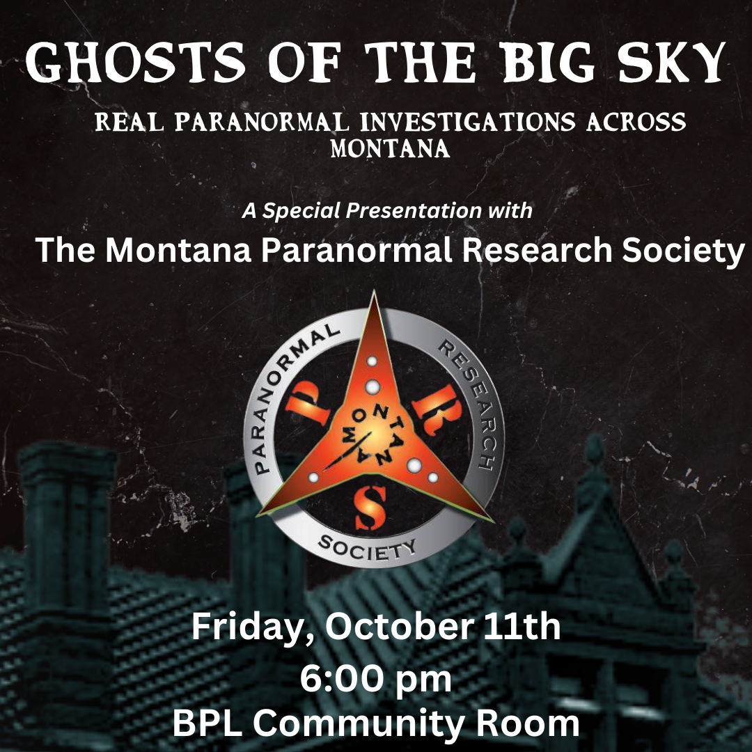 Ghosts of the Big Sky presentation slide with group logo and a moody photo of the Moss Mansion in the background.