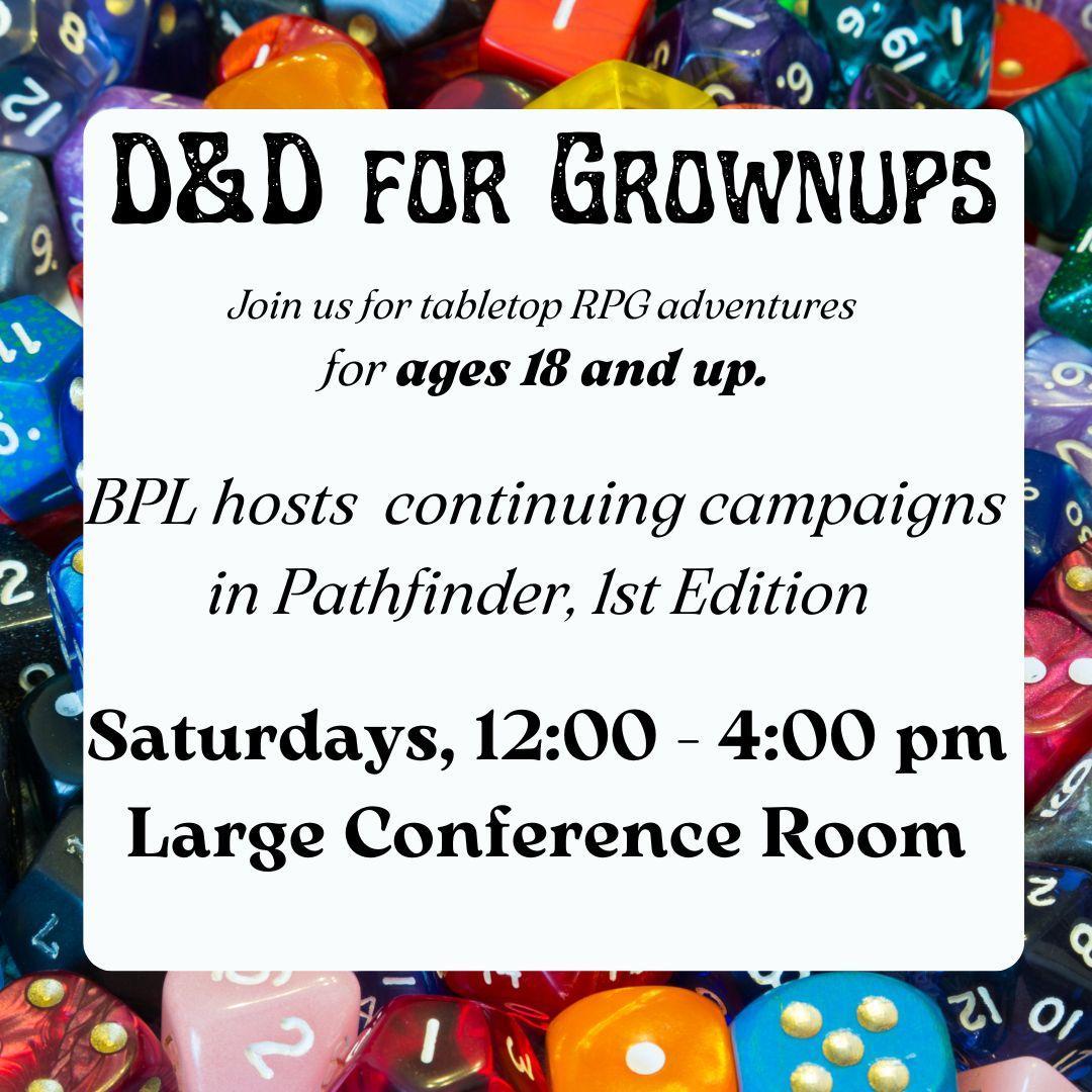 D&D for Grownups.  A border of dice surrounds the program description.